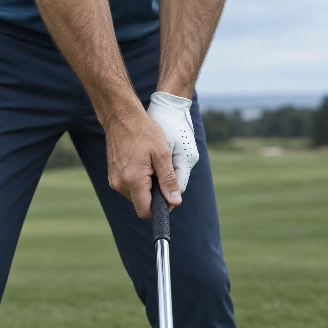 Close-up of hands holding a golf club