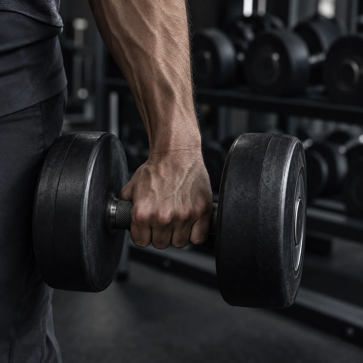 Close-up of a hand holding a dumbbell in a gym