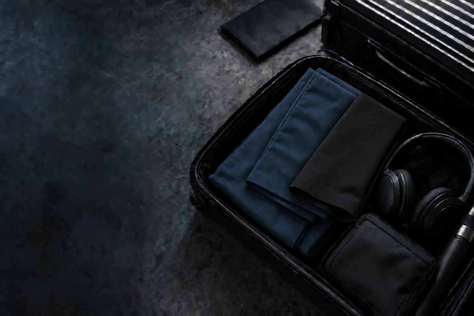 Open suitcase with folded petrol-blue trousers, charcoal shorts and headphones